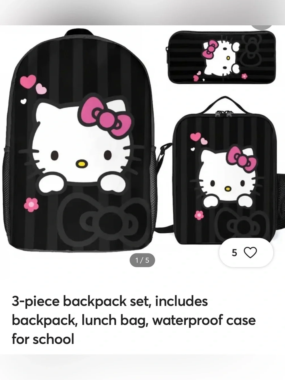 Hello Kitty Black and Pink Kids Backpack , Lunch Bag and Pencil Case Set